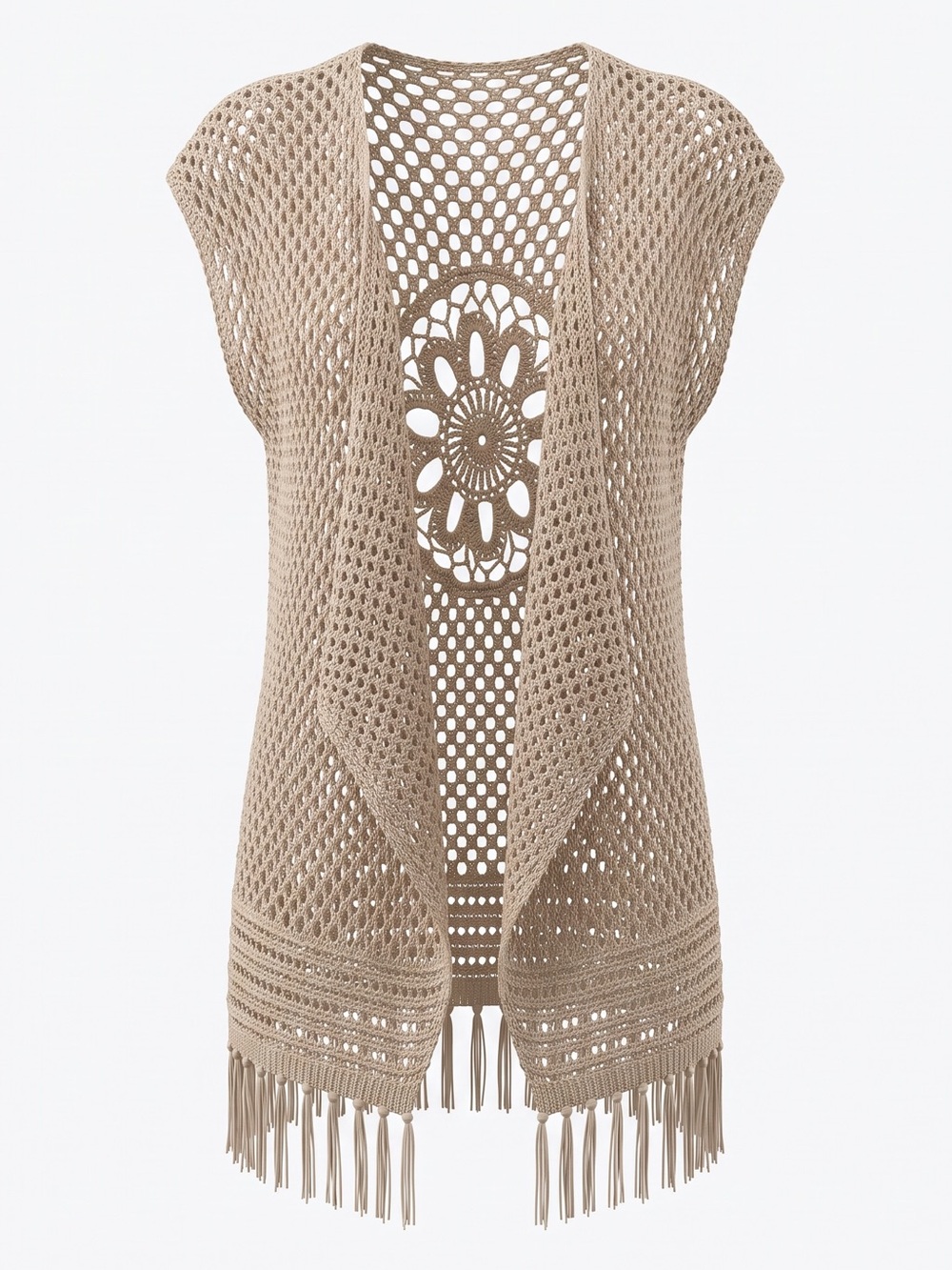 Artesia Cream Crochet Open-Front Fringe Poncho